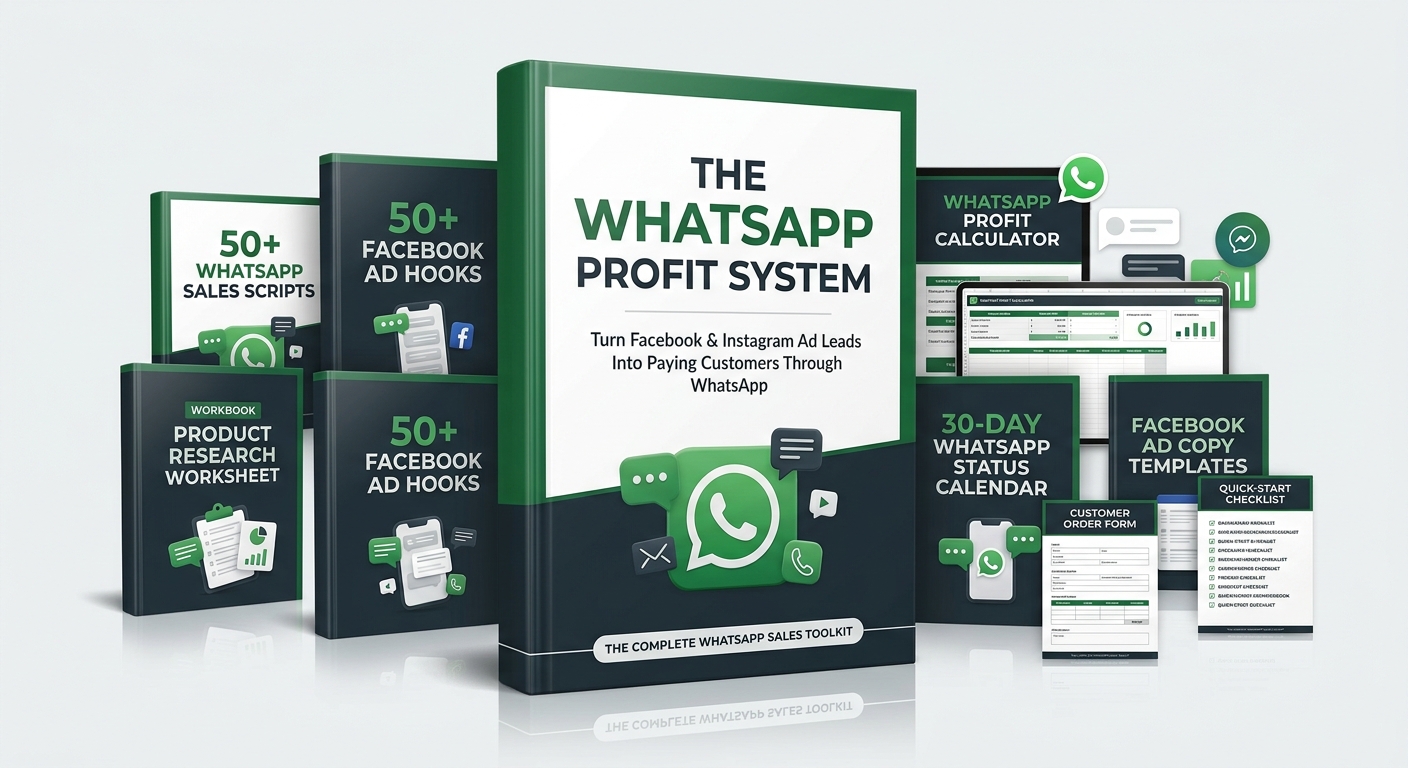 The WhatsApp Profit System — complete toolkit: main guide, scripts, ad hooks, worksheets, calculator and templates